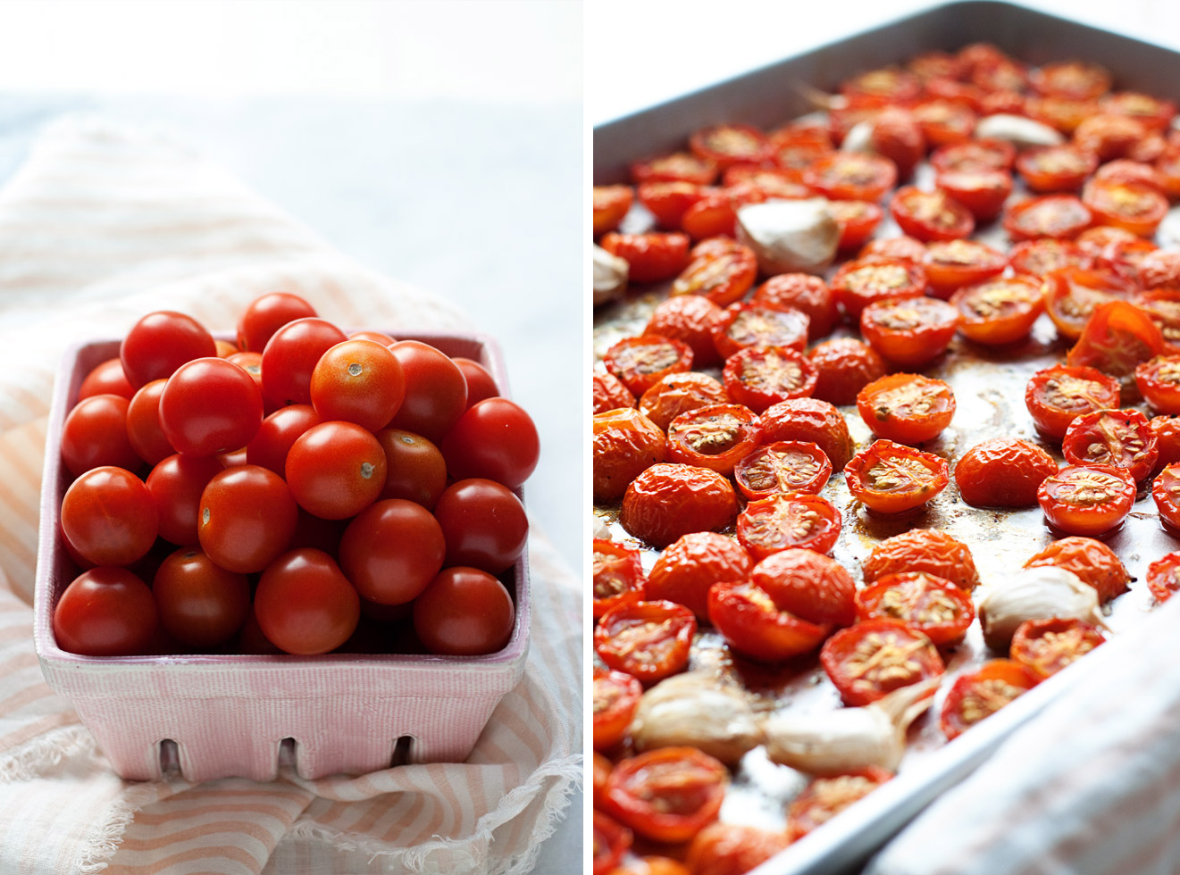 Slow-Roasted Tomato & Garlic Bruschetta recipe - Slow-roasting cherry tomatoes brings out intense flavor! Mix with roasted garlic and fresh basil then spoon over golden-brown garlicky toasts - delicious. Vegan. 