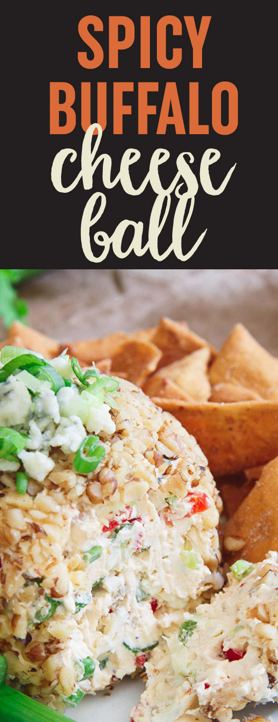 Buffalo Cheese Ball recipe - All the flavor of buffalo hot wings with none of the bird (or the work)! An easy appetizer made healthier with light cream cheese and veggies. Vegetarian.