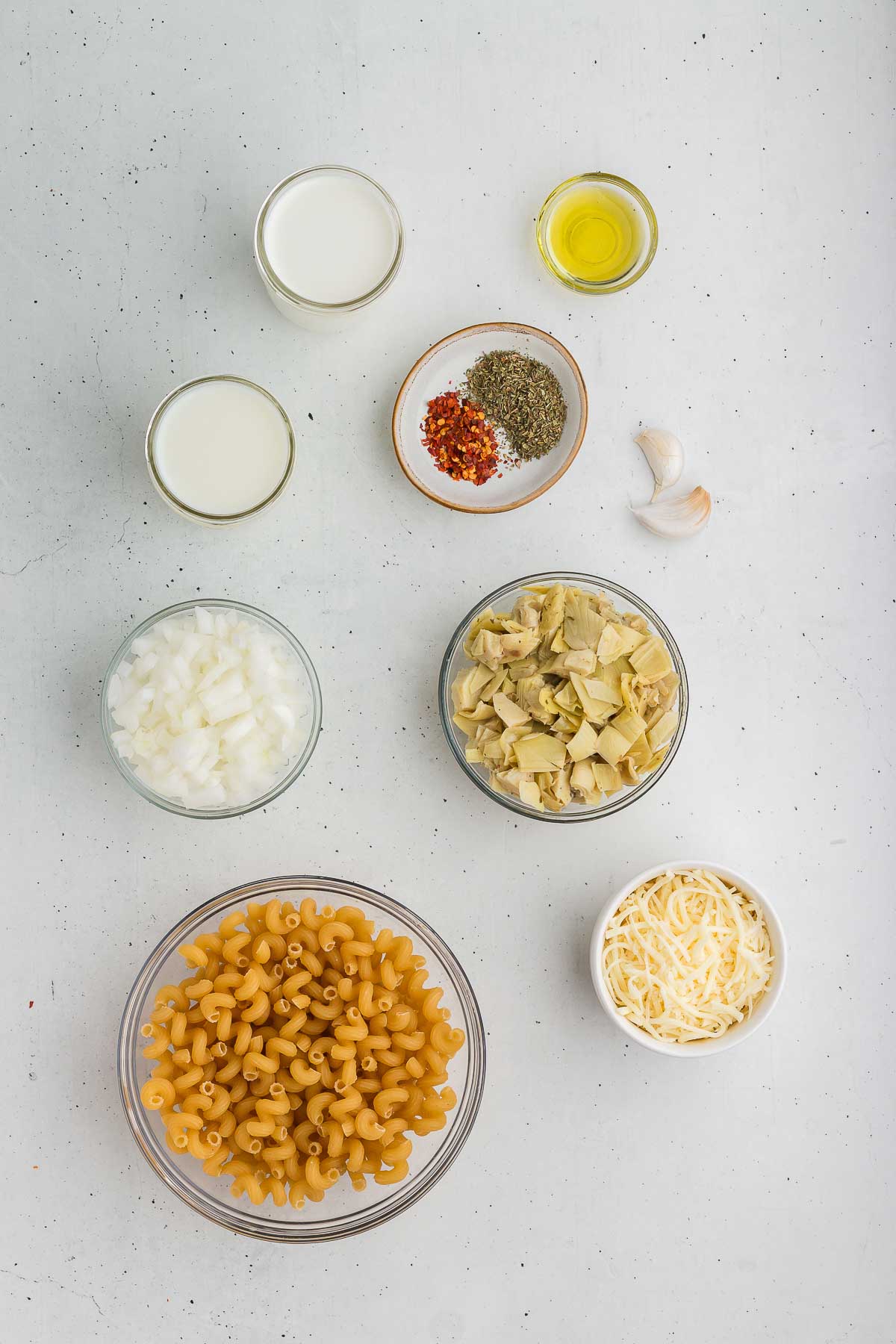 ingredients for artichoke pasta bake