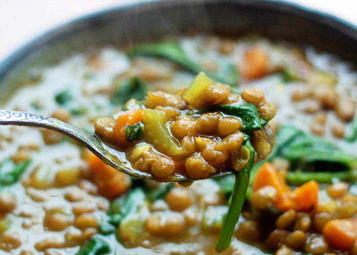 Spoonful of Instant Pot Golden Lentil and Spinach Soup
