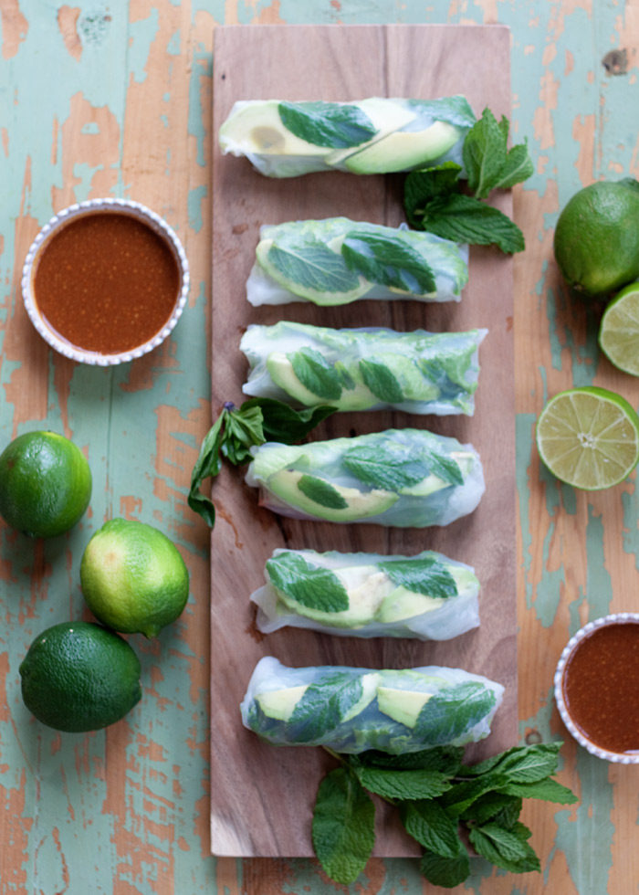 Fresh Avocado Summer Rolls with Peanut Dipping Sauce - Fresh, veggie-packed rolls with avocado, red cabbage, carrots, basil, and mint - all served up with a super easy peanut dipping sauce. Perfect appetizer or light summer dinner!