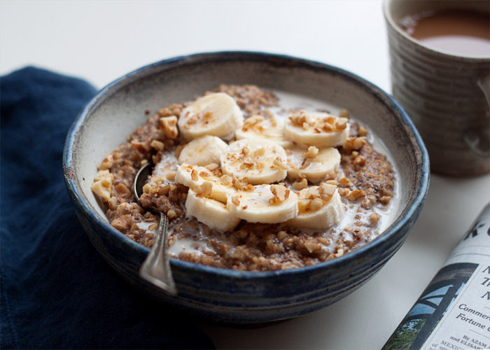 Instant Pot Banana Walnut Steel Cut Oats recipe - Steel cut oats cook up perfectly creamy in the pressure cooker. This recipe also adds banana + walnuts, flaxseed meal, and chia seeds for a serious omega-3 boost. Vegan; gluten-free. 