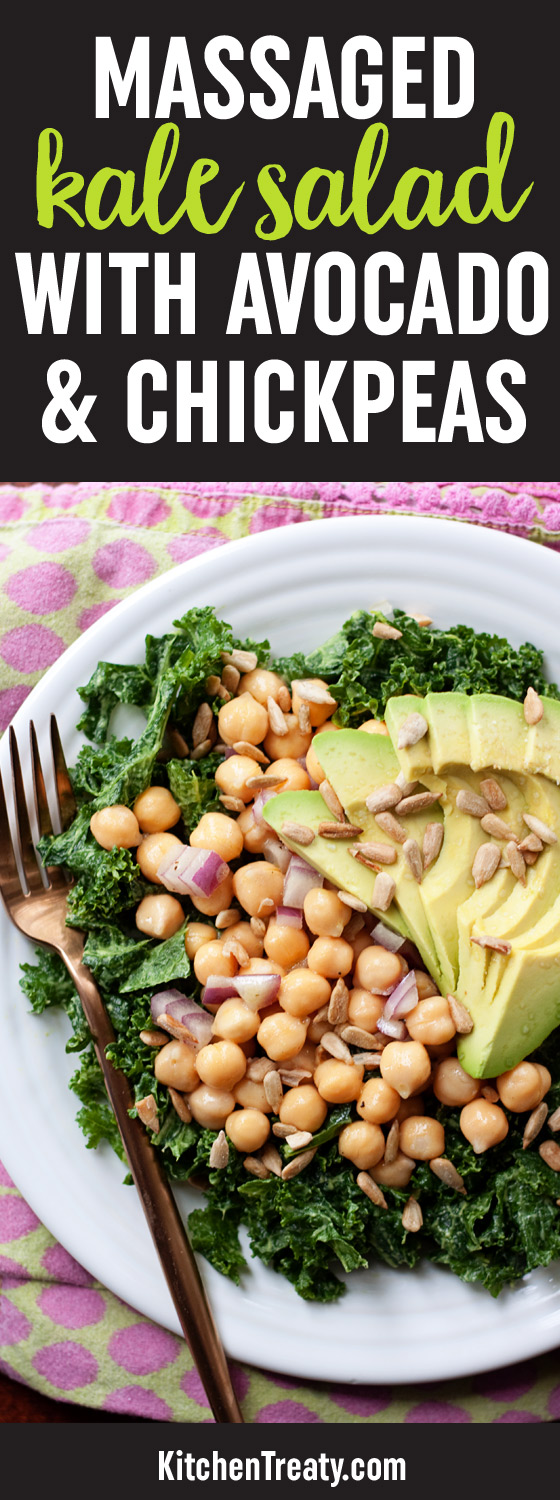 Massaged Kale Salad with Avocado & Chickpeas recipe - The 10-minute vegan meal I can't stop making: Kale massaged with avocado then topped with a simple chickpea salad and more avocado. (More avocado is always a good thing, am I right?)