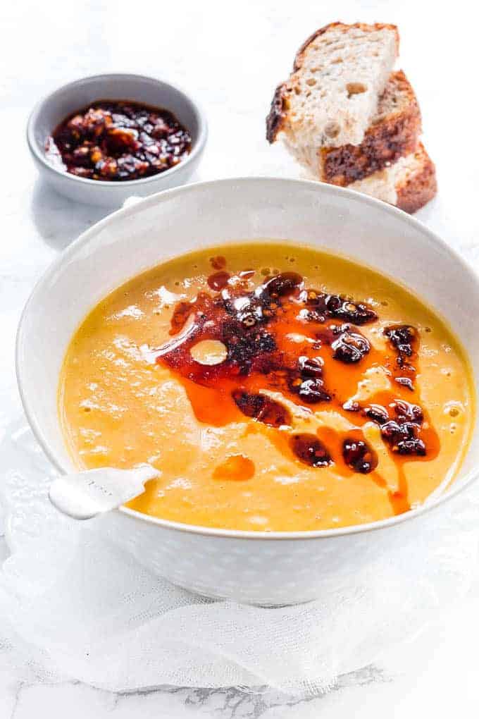 Bowl full of 5-Spice Sweet Potato & Carrot Soup