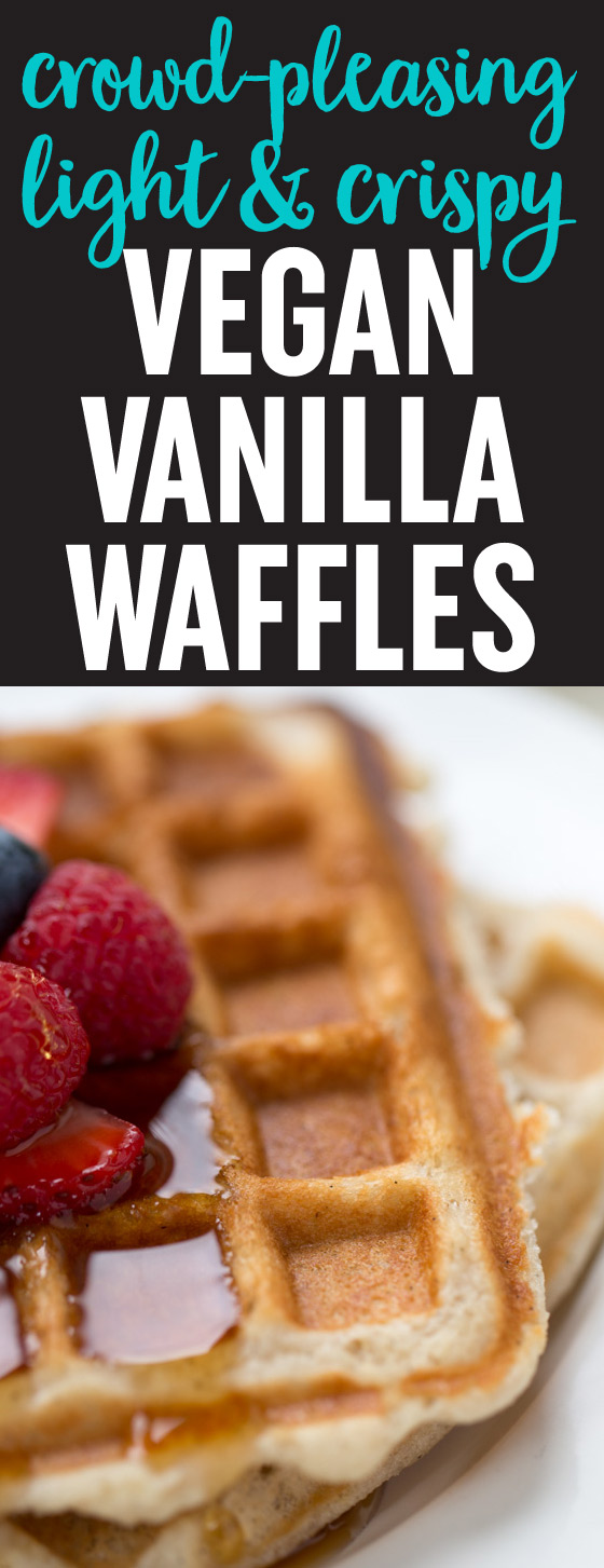 Crowd-Pleasing, Light & Crispy Vegan Vanilla Waffles - The best vegan waffle I've had. Golden-brown, crispy, light, tender, full of flavor (especially with those appealing vanilla bean flecks). Plus, only 6 ingredients and 1 bowl!
