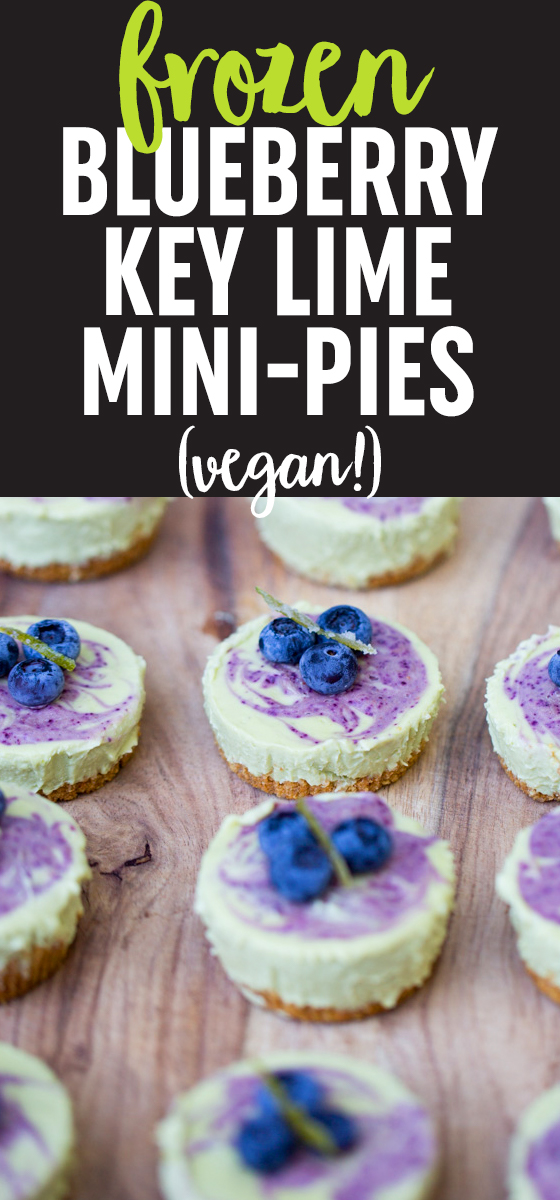 Frozen Mini Blueberry Key Lime Pies - Unbelievably creamy, refreshing, and possibly even borderline healthy, these vegan tarts are made with cashews, avocado, and loads of lime juice. A pureed blueberry swirl adds even more summery flavor and gorgeous color to boot. The perfect make-ahead, plant-based dessert for summer parties!