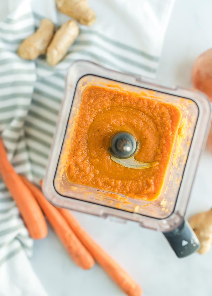 Only 5 ingredients! Roasting the carrots brings out their magical nuances; ginger adds a nice little kick. A quick puree in the blender and a finish of cream or coconut milk seals the deal.