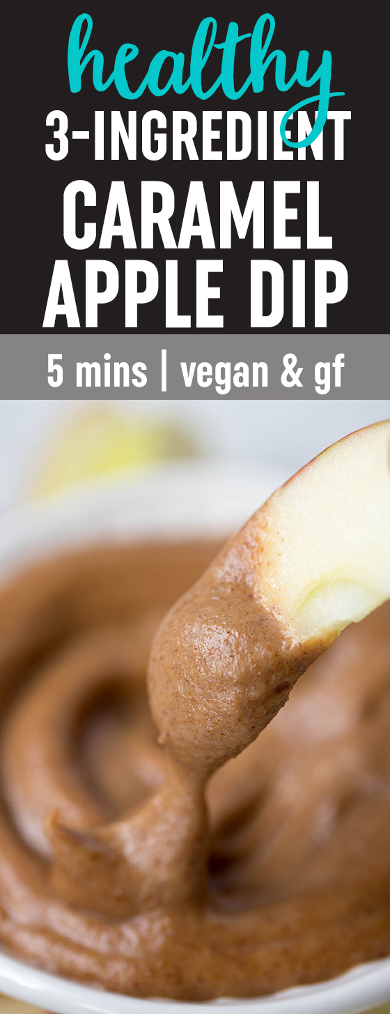 Only 3 simple, real-food ingredients go into this Healthy Caramel Apple Dip recipe. Healthy, delicious, vegan, gluten-free, and completely decadent-tasting! #fruitdip #apples #datecaramel