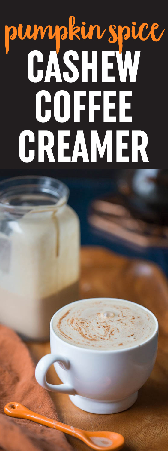 Rich and creamy vegan non-dairy pumpkin spice cashew coffee creamer! It's so simple - just cashews, pumpkin, spices, maple syrup, and water. Cozy up! #pumpkinspicecoffee