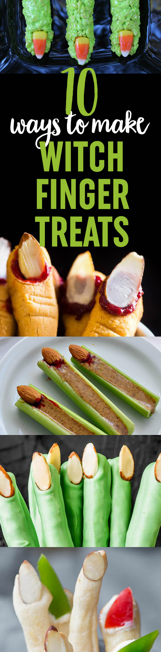 Come hither, my pretties! Here are 10 Witch Finger Snack Ideas - enough to count on both hands. Breadsticks, cookies, candy pretzels, and more. #witchesfingers #halloweensnacks #halloween