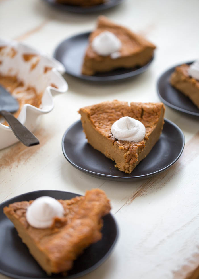 The easiest pumpkin pie you'll ever make! Crustless and delicious. With gluten-free option. Just dump into the blender, pour into your pie pan, and bake. #impossiblepumpkinpie #dairyfreepumpkinpie #pumpkinpiewithcoconutmilk #dairyfreethanksgiving