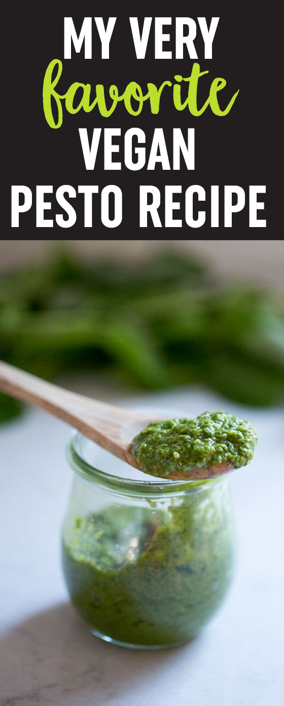 My Very Favorite Vegan Pesto Recipe - Think pesto needs parmesan in order to have flavor? Think again! This versatile, vibrant pesto proves the point. Just 10 minutes and a handful of simple ingredients for the best-tasting pesto around. #veganpesto