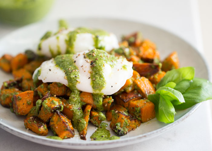 Green Eggs & Yams - Pesto-smothered roasted yams (or sweet potatoes), topped with an egg and drizzled with more pesto. In this case, it's easy being green! 