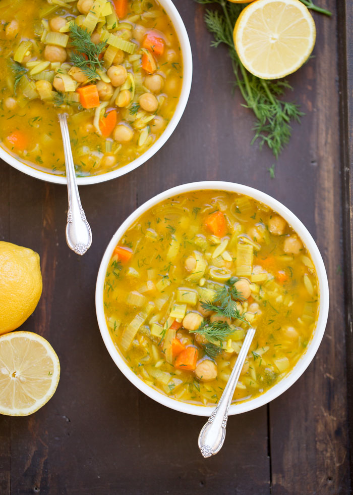 Chickpea Orzo Soup with Lemon & Dill - A hearty squeeze of lemon and loads of fresh dill liven up this chunky veggie-and-chickpea soup. #lemonorzosoup #vegansoup