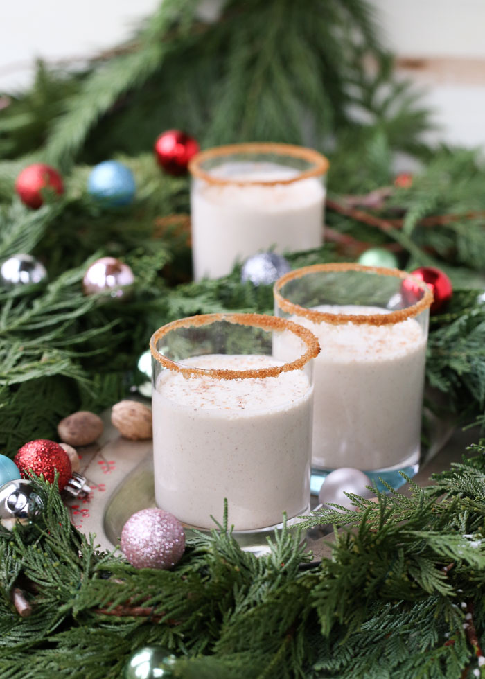 Easy 6-Ingredient Vegan Eggnog- Decadent and velvety, this egg-free, dairy-free nog is sure to be the hit of the party. The season. The year! Cashews, coconut milk, dates, vanilla, nutmeg, and a pinch of sea salt make up this glorious situation. Rum optional!