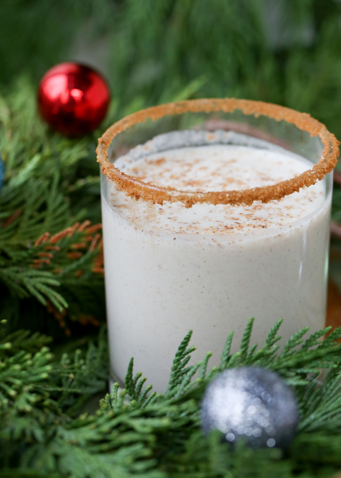 Easy 6-Ingredient Vegan Eggnog- Decadent and velvety, this egg-free, dairy-free nog is sure to be the hit of the party. The season. The year! Cashews, coconut milk, dates, vanilla, nutmeg, and a pinch of sea salt make up this glorious situation. Rum optional!
