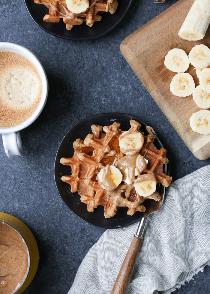 Vegan Banana Almond Butter Waffles - Light, crisp, buttery, delicious! #veganwaffles