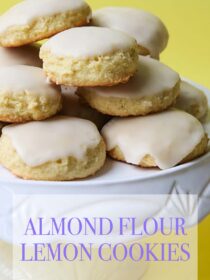 A plate of lemon almond flour cookies with a yellow background and purple text that reads, "almond flour lemon cookies"