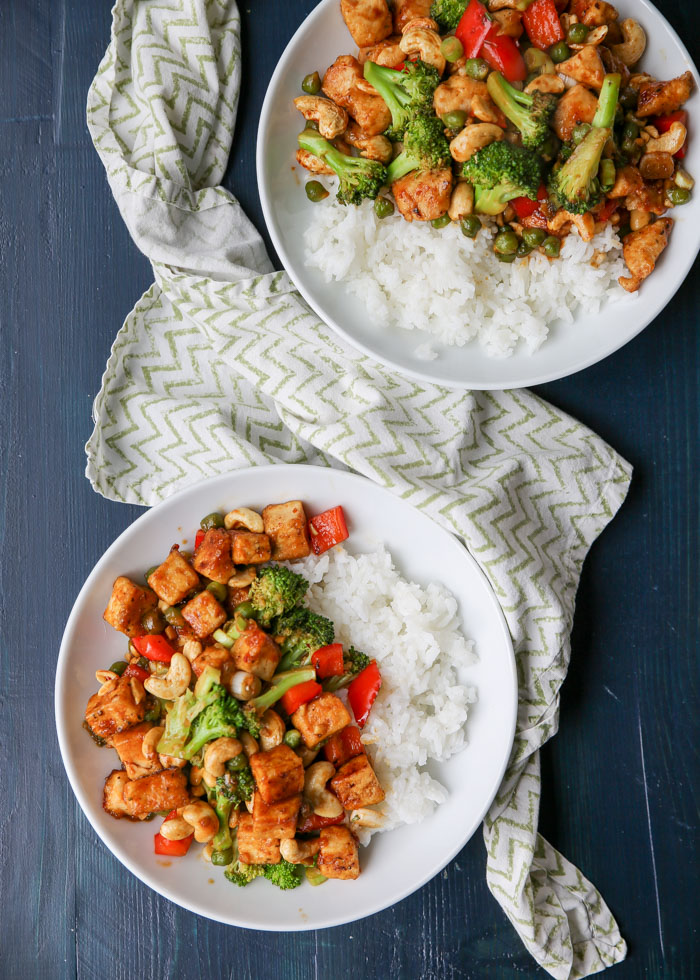One Dish Two Ways: Cashew Veggie Stir Fry with tofu or chicken. Crisp veggies, crunchy cashews, and tofu for the vegans and chicken for the meat-eaters - all in a savory-sweet, slightly spicy sauce. This recipe cooks up in two pans at the same time, so the process can be a bit hectic. But it's well worth the effort!