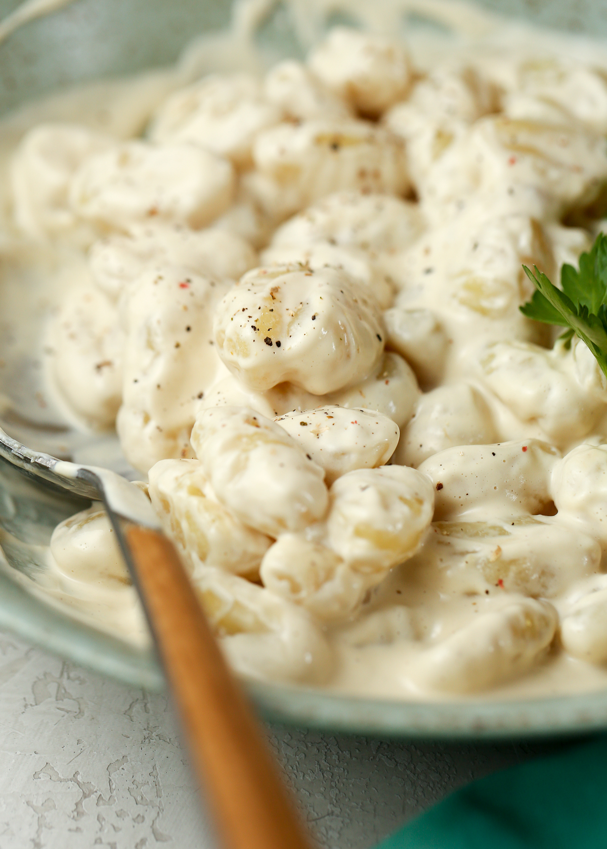 Close-up of a bowl of creamy gnocchi smothered in vegan Alfredo Sauce. 