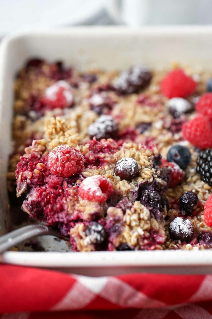 A close-up of berry baked oatmeal
