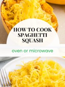 Two images of cooked spaghetti squash. The text reads, "How to Cook Spaghetti Squash, oven or microwave"