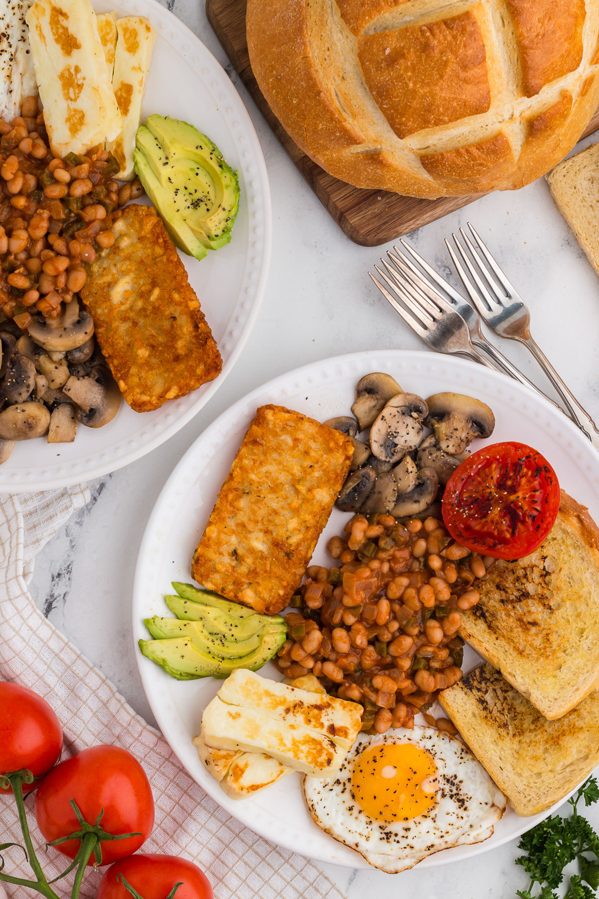 Vegetarian English breakfast on a white plate
