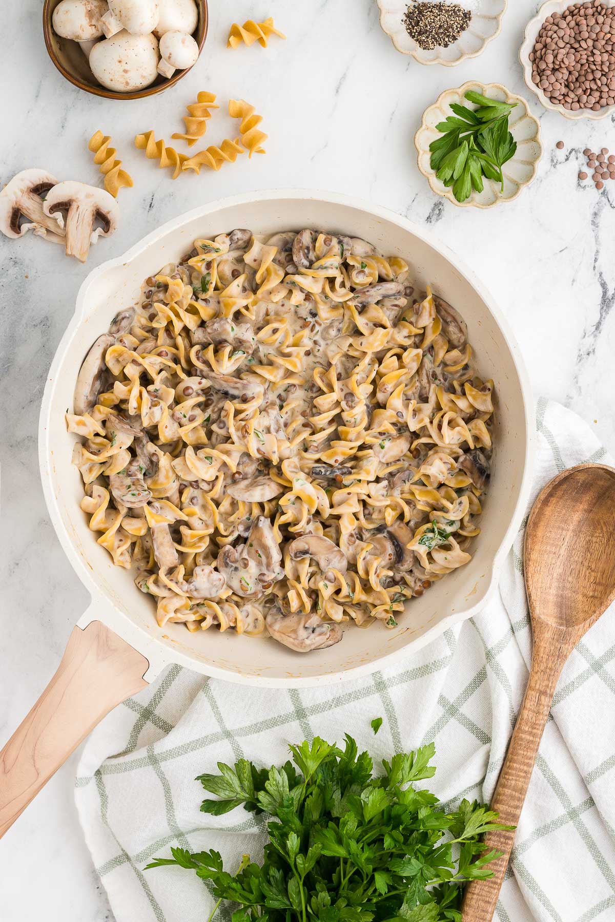top view of Mushroom Lentil Stroganoff in a white skillet