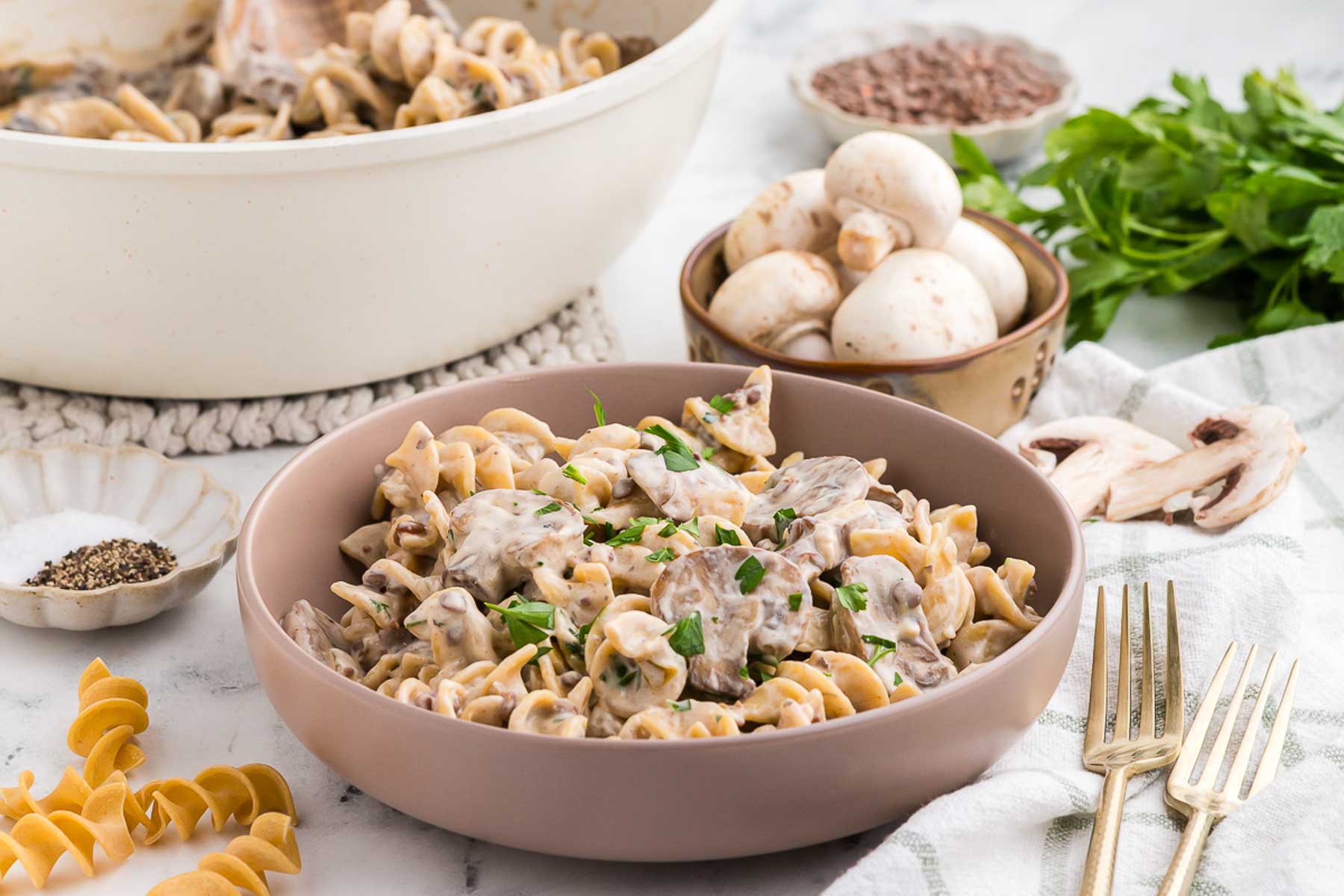 Mushroom Lentil Stroganoff in a bowl with mushrooms in the background