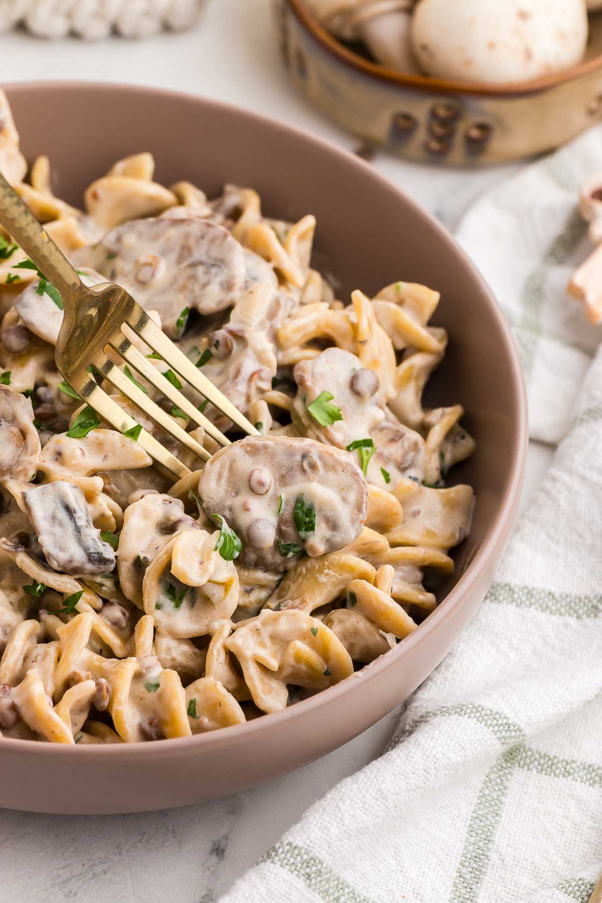 a gold fork taking a bite of Mushroom Lentil Stroganoff