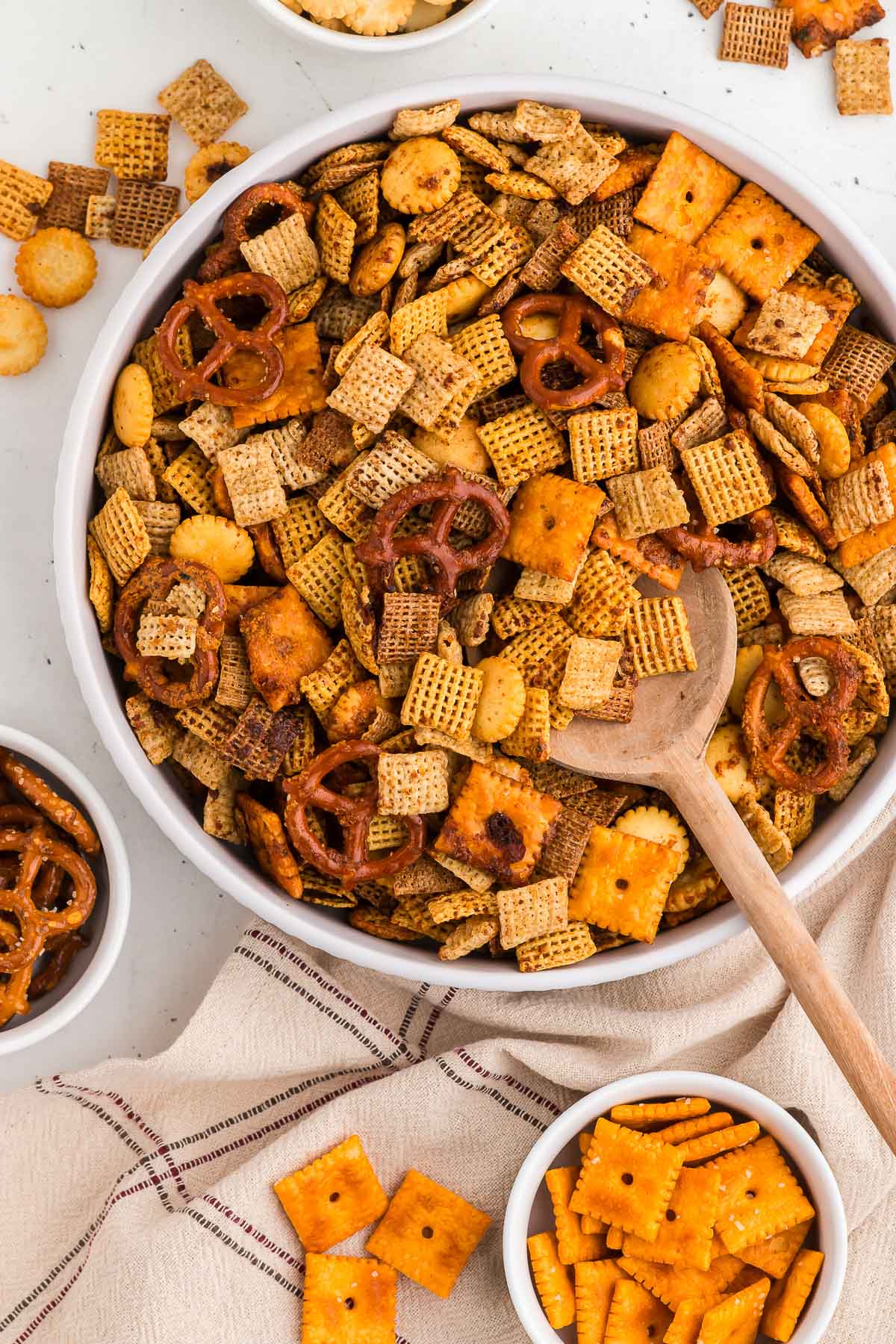 ranch Chex mix with cheez its in the background