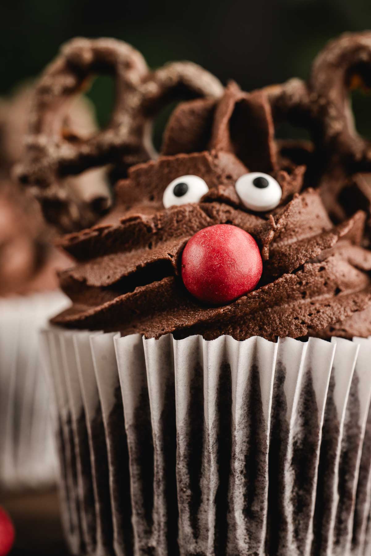 close up of a reindeer cupcake