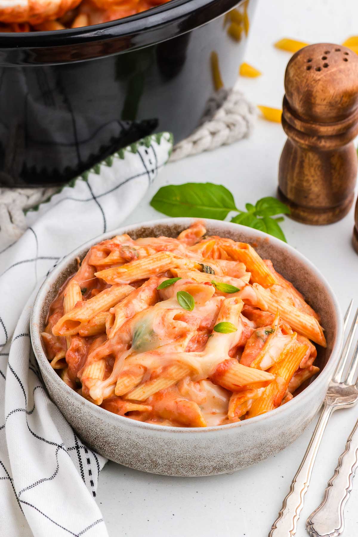 A bowl of Crock Pot Baked Ziti ready to serve