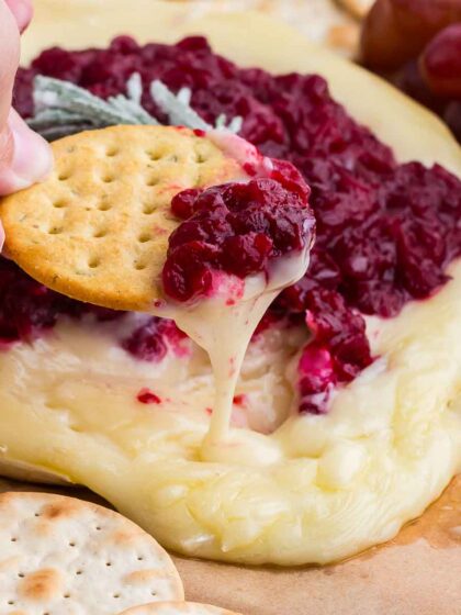 a cracker scooping melty brie and cranberry sauce