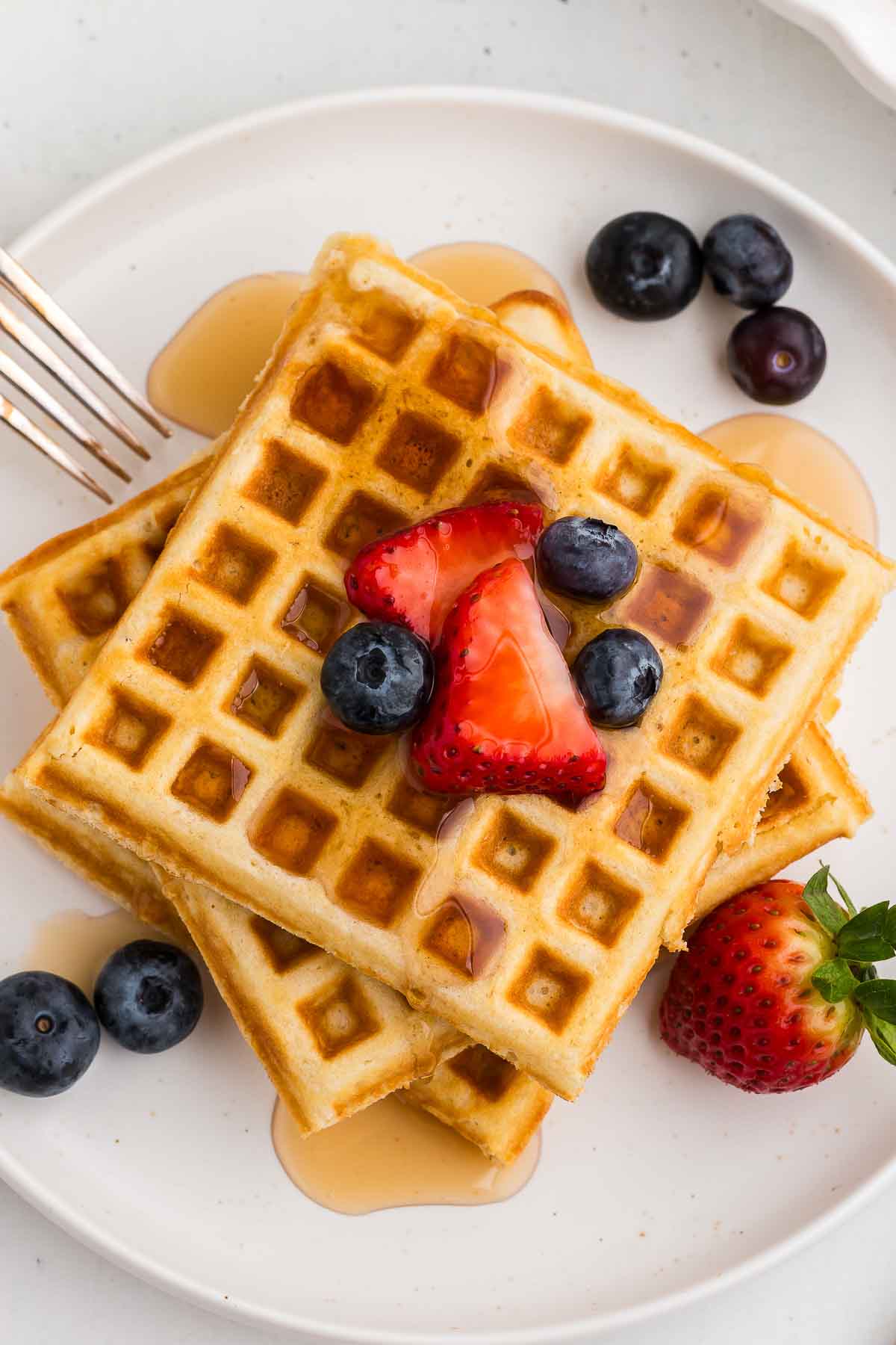 Top view of a pile of waffles