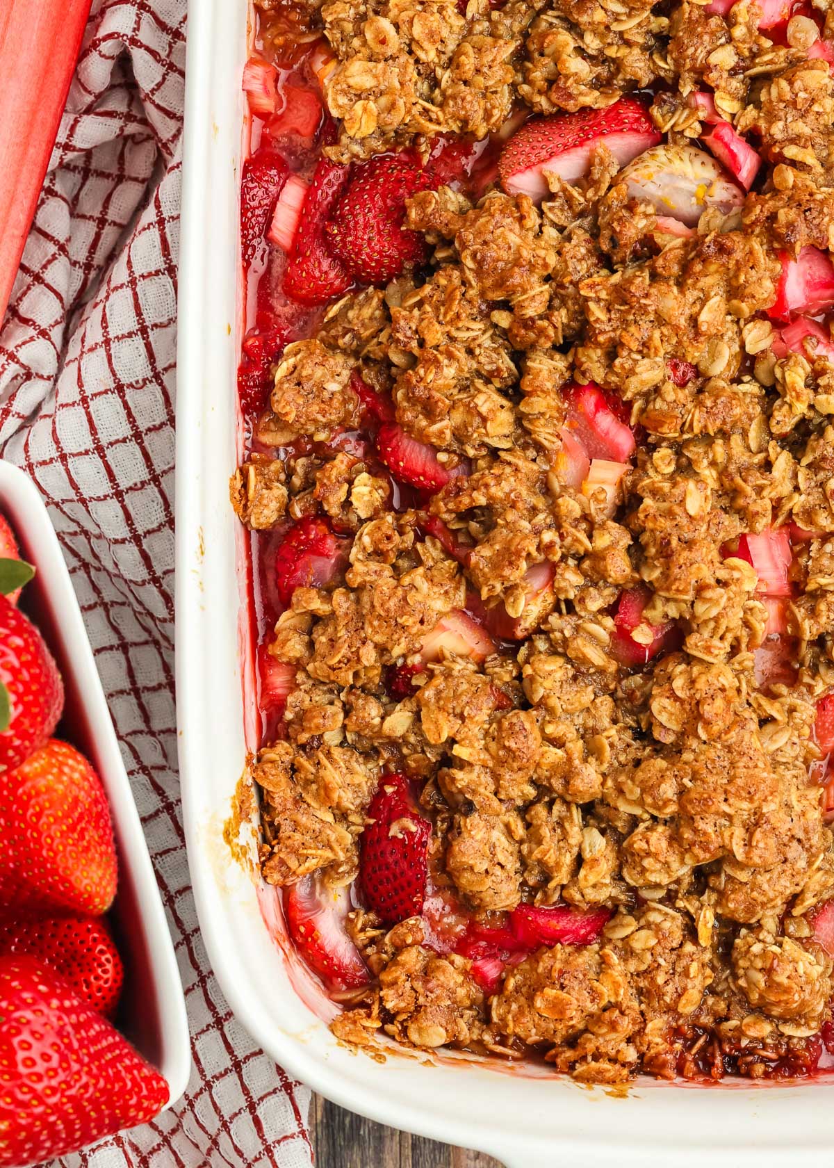 top view of baked Strawberry Rhubarb Crisp