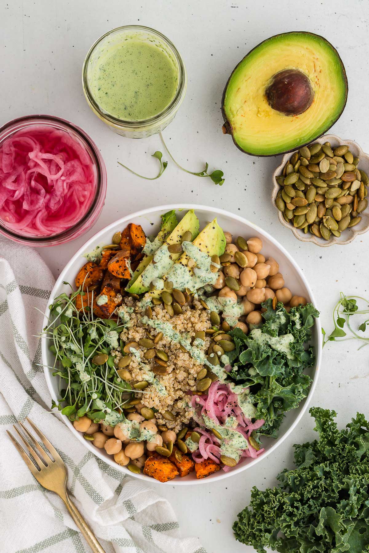 top view of buddha bowl in a white bowl