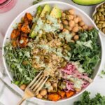 Top view of a buddha bowl with chickpeas and sweet potatoes