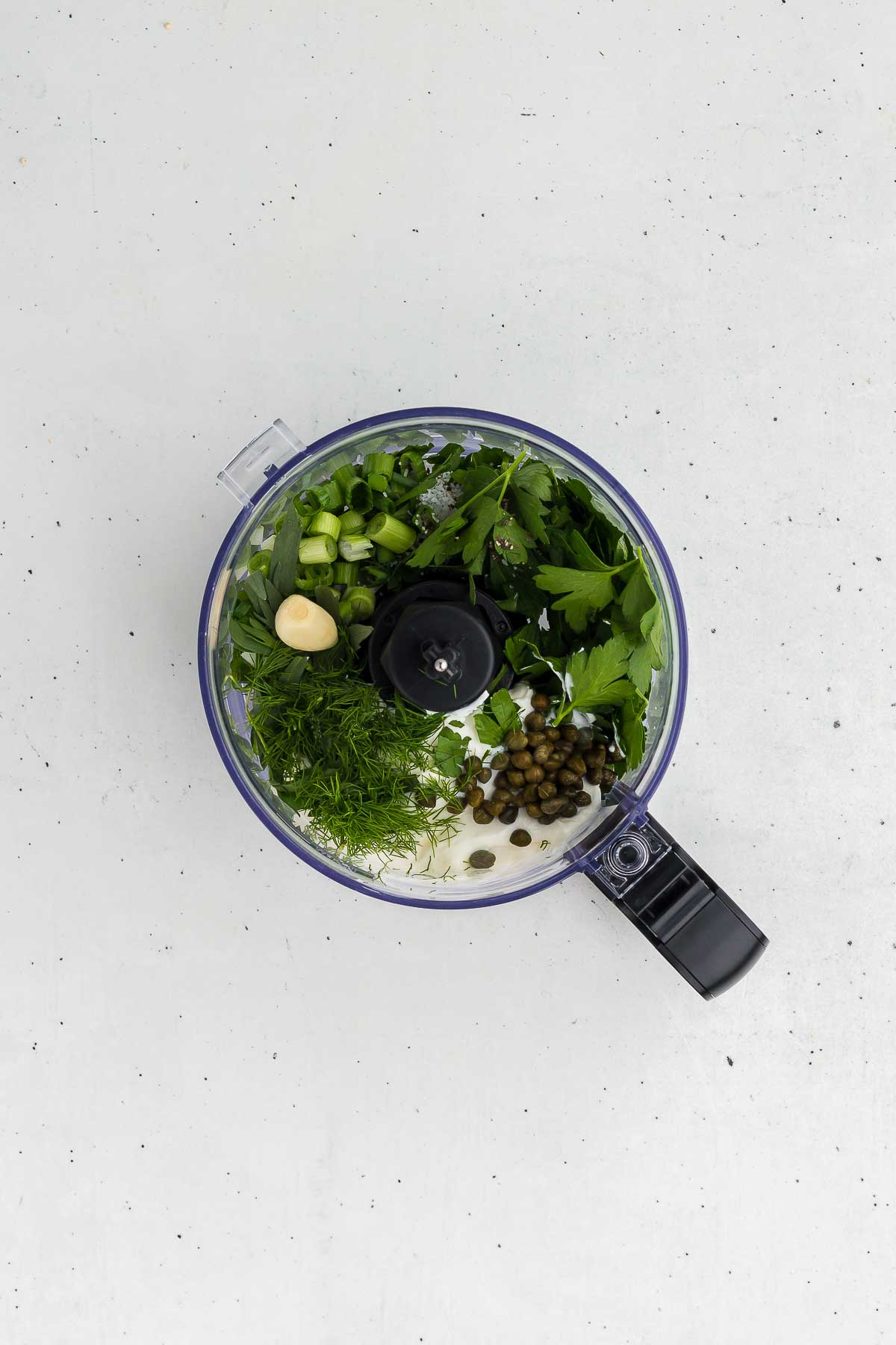 Green Goddess Dressing ingredients in a mini food processor.