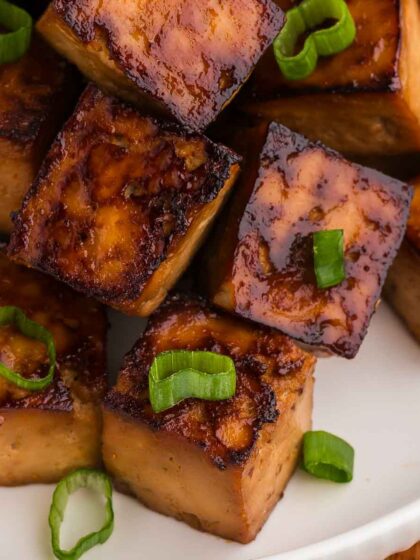 close-up of baked tofu with scallions