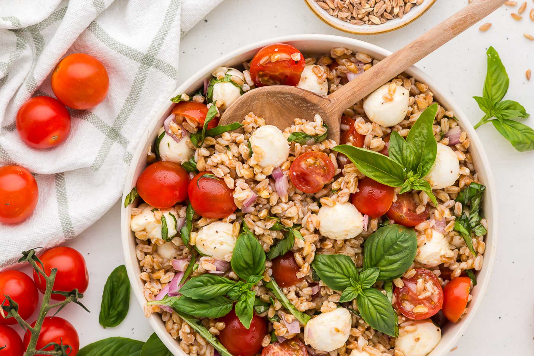 a top view of a bowl full of farro caprese salad