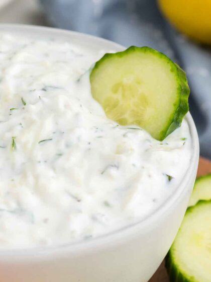A white bowl full of tzatziki sauce with a slice of cucumber in it