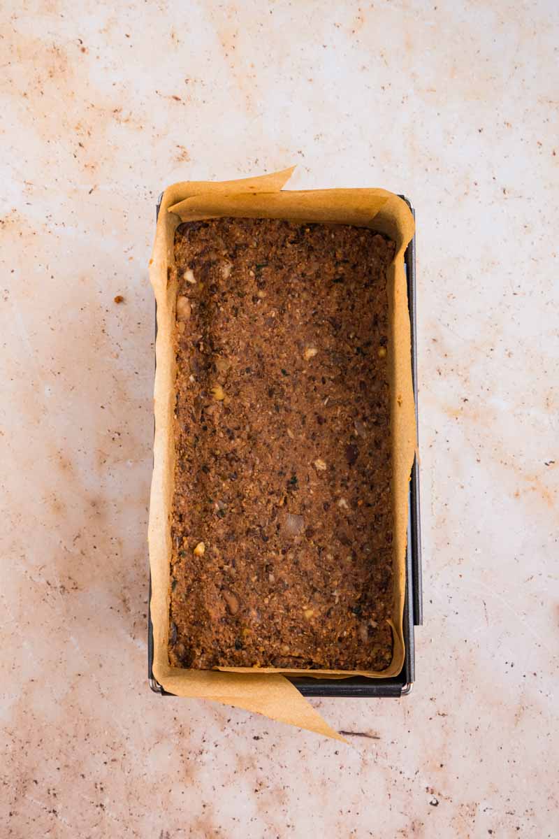 unbaked Vegetarian Meatloaf in a pan ready to bake