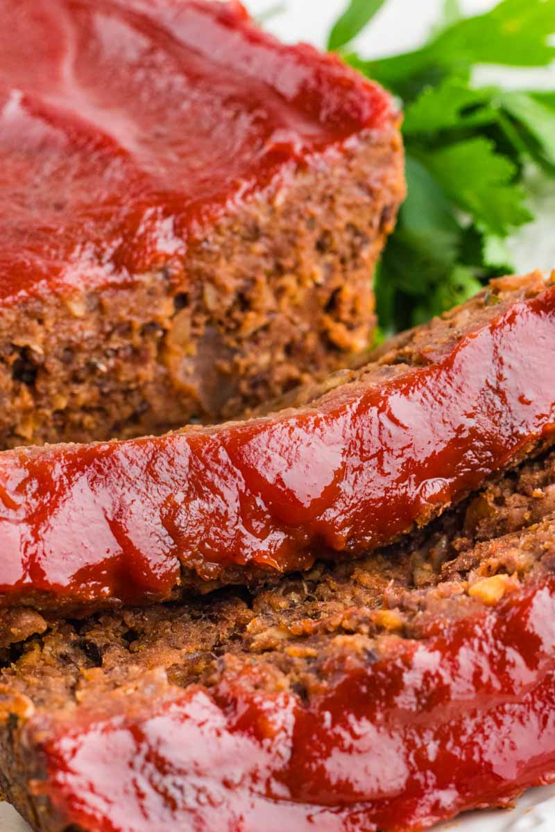 close-up of Vegetarian Meatloaf with ketchup glaze
