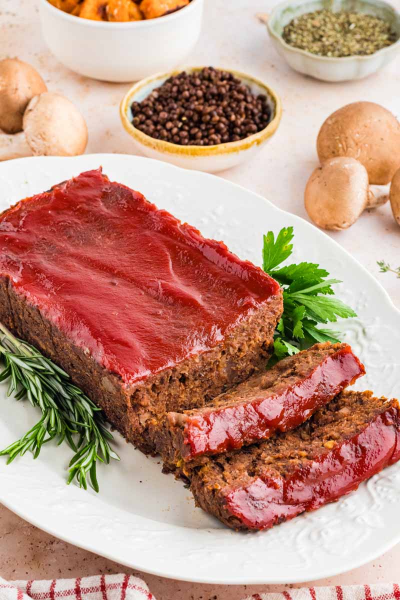 Vegetarian Meatloaf sliced on a white platter