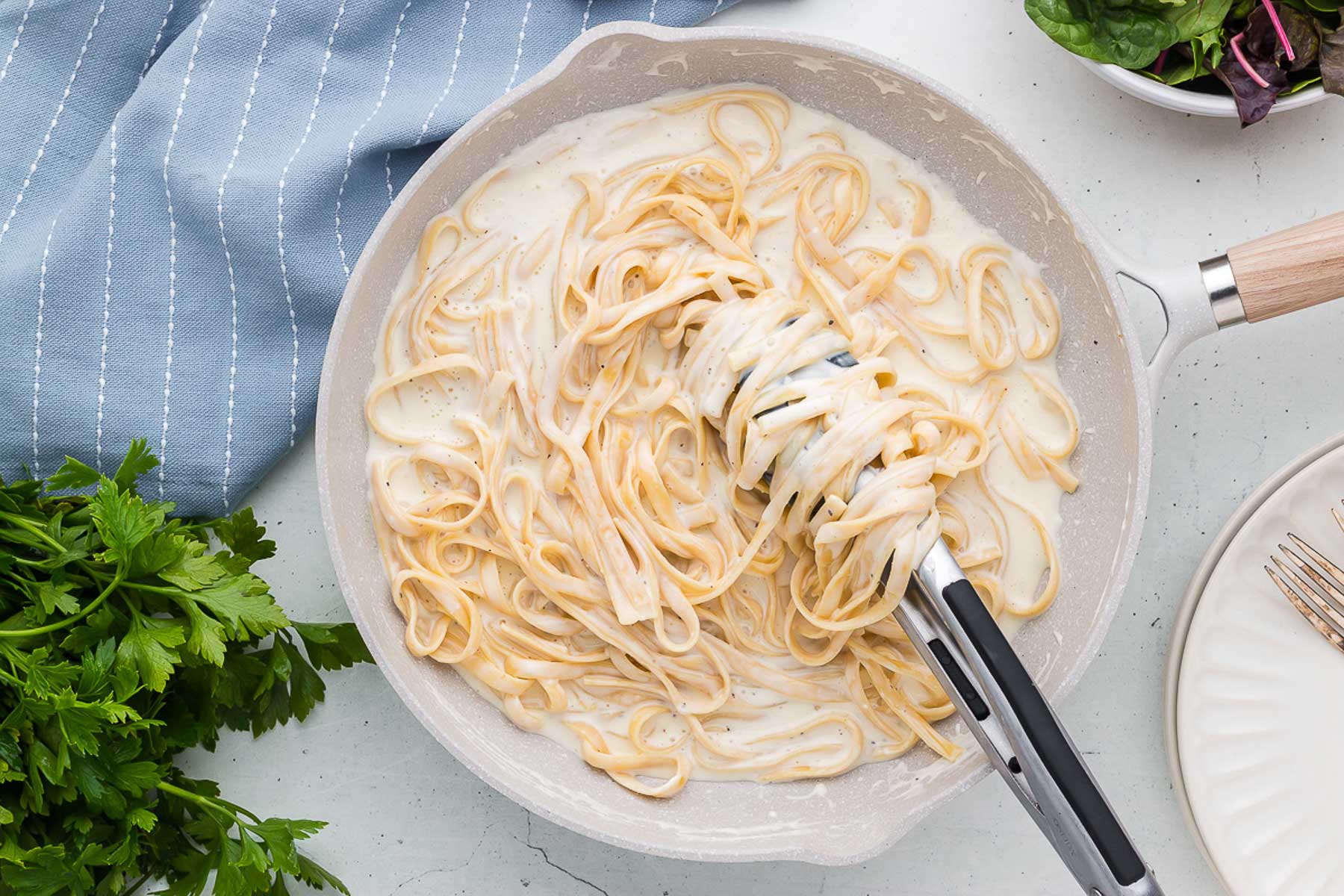 top view of pasta with cream cheese pasta sauce