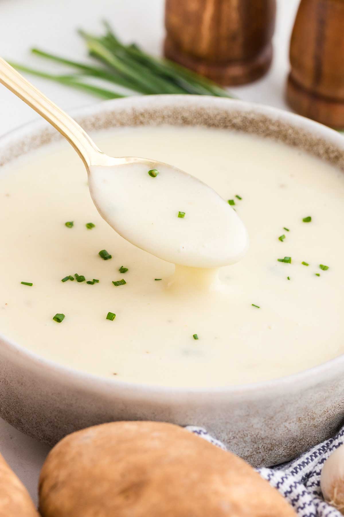 a spoon lifts a velvety bite of potato leek soup out of its bowl
