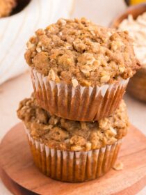 stack of banana crumb muffins