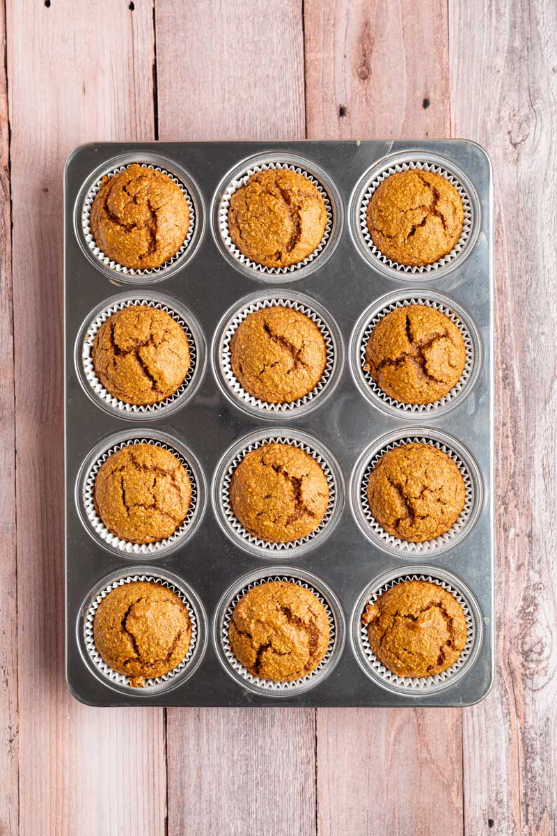 baked Blender Pumpkin Muffins in a muffin tin, top view