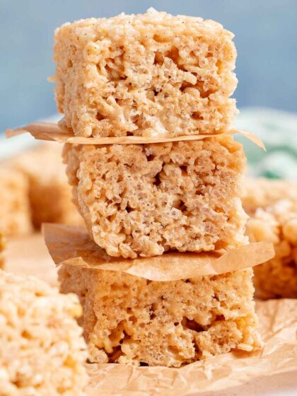 a tall stack of three Rice Krispie treats with brown butter and sea salt